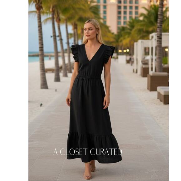 Marie Oliver Dresses & Skirts - Marie Oliver Verana Linen Midi Dress 4 Black NWT Flounce Hem